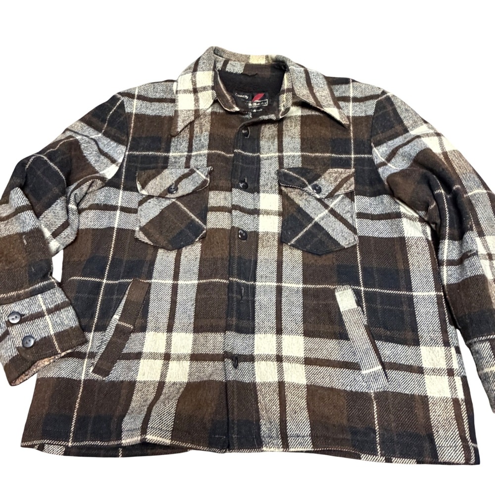 Vintage 70s Sears Plaid Sherpa Lined Shirt Jacket Mens L Brown Shacket